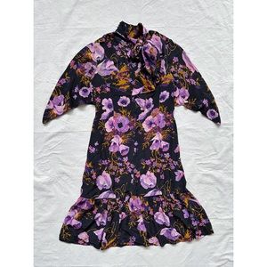 Vintage 50s Black Silk Floral Midi Dress Flutter Sleeves Tie Neck Sweetheart